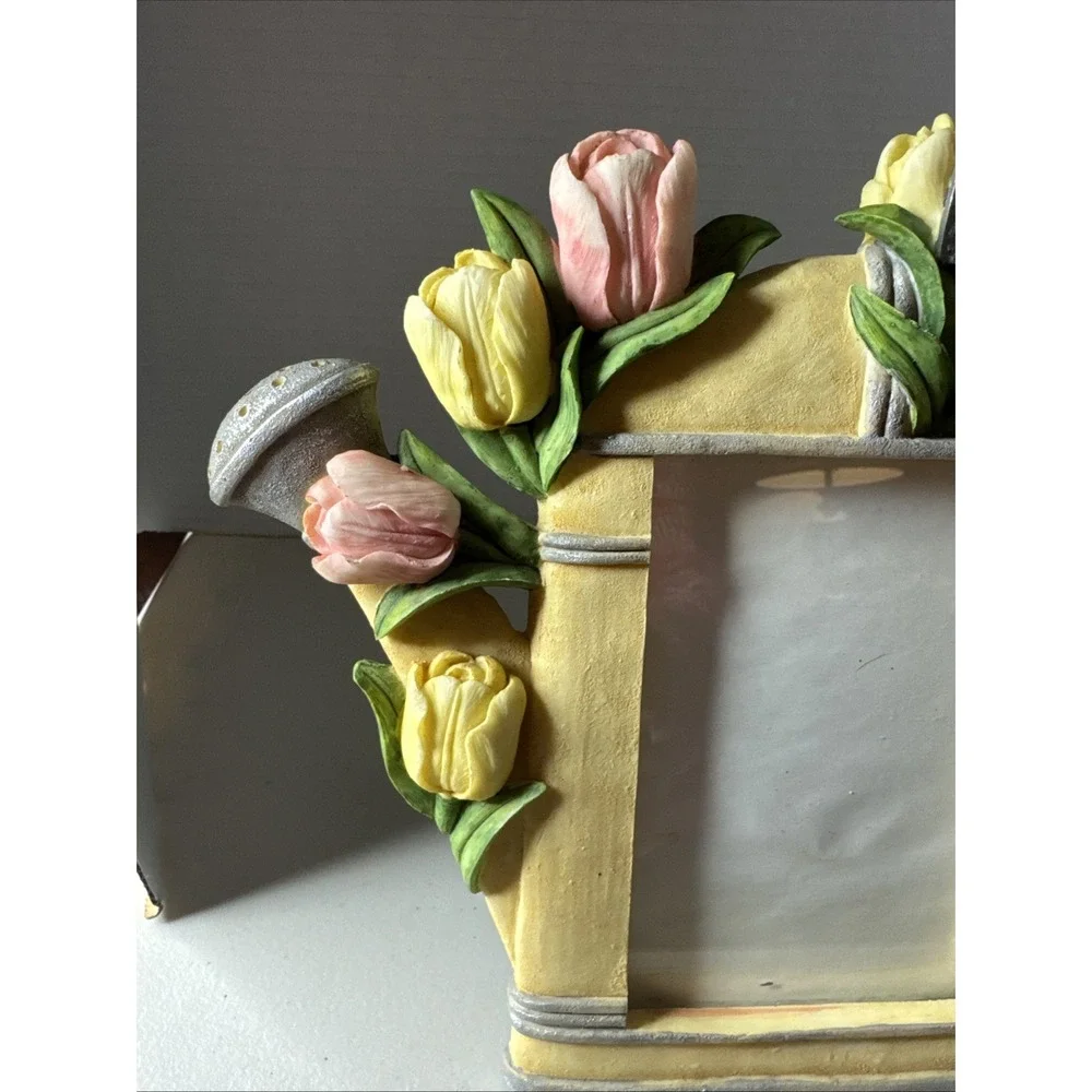 VTG WATERING CAN GARDENING TOOLS PINK TULIPS PICTURE PHOTO FRAME CERAMIC POTTERY